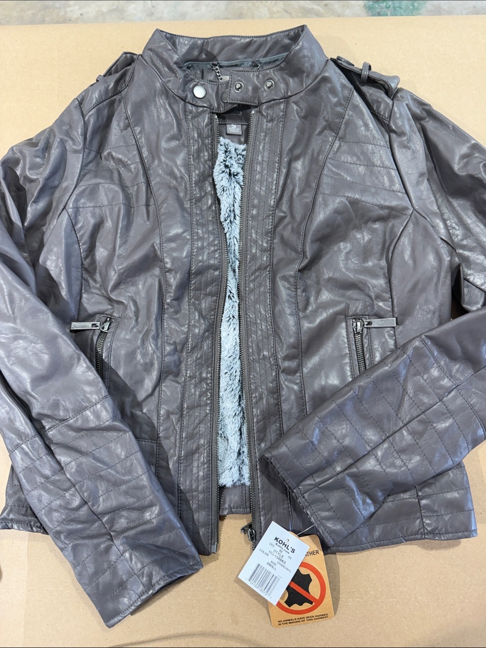 Women's Gray Faux-Leather Jacket with Sherpa Lining